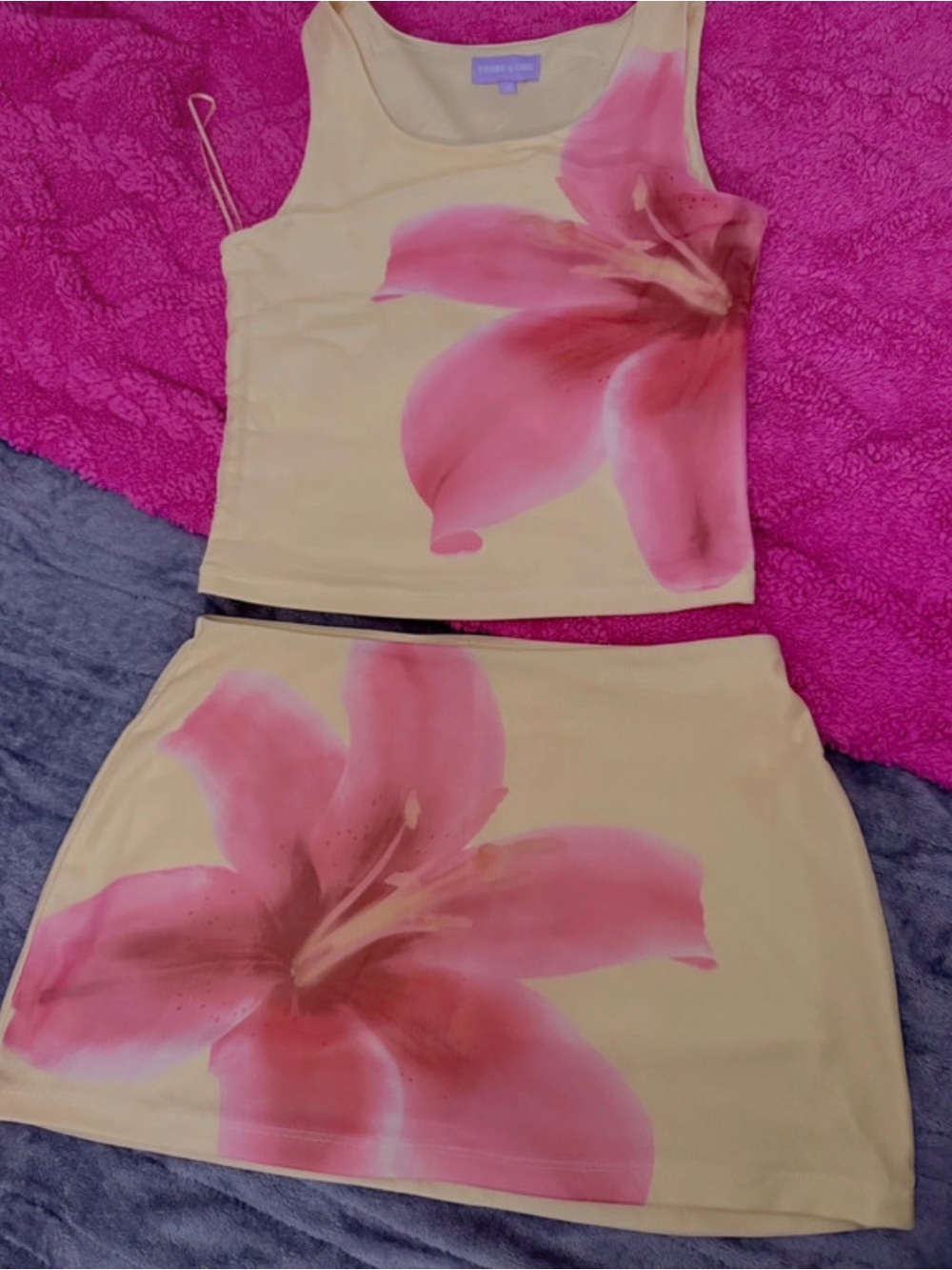 Floral Two-Piece Tank & Skirt Set - Pink Flower on Cream -